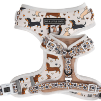 Adjustable dog harness with a pattern of dachshunds, hearts, and love-themed graphics in beige, brown, and orange tones.