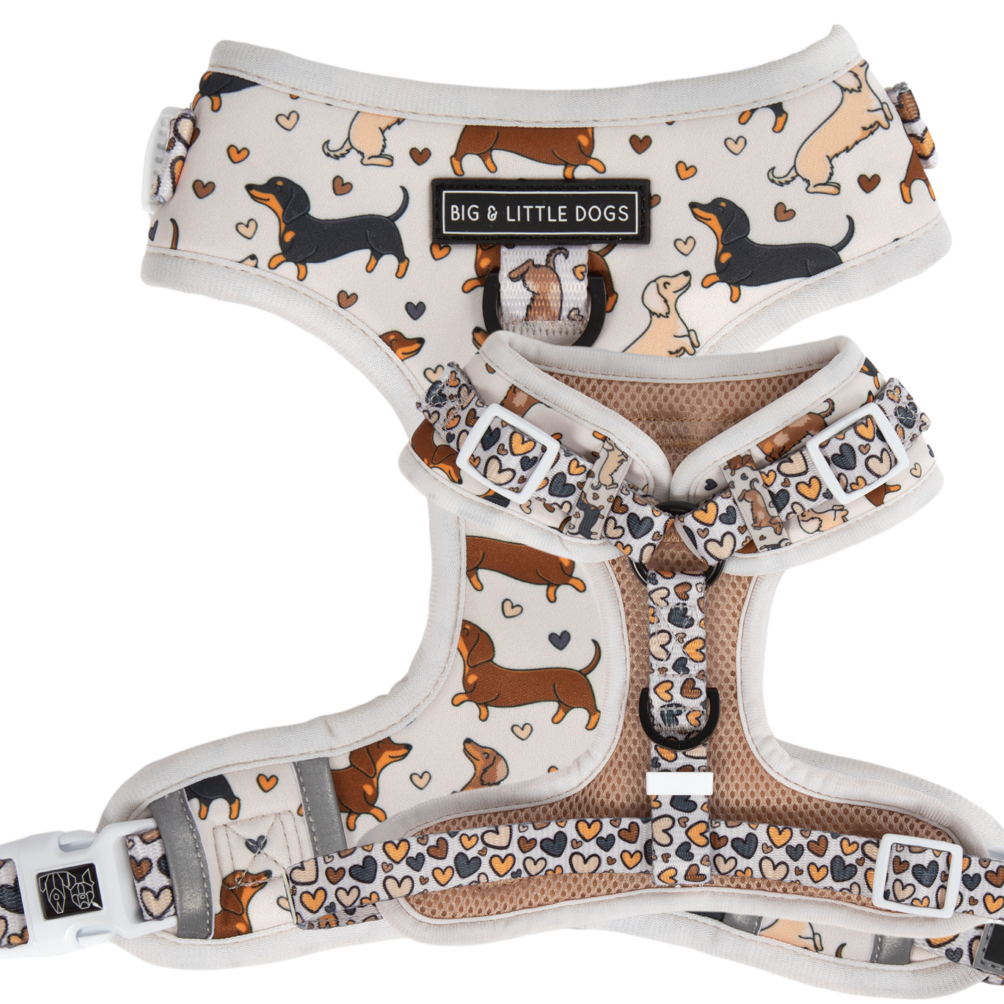 Adjustable dog harness with a pattern of dachshunds, hearts, and love-themed graphics in beige, brown, and orange tones.