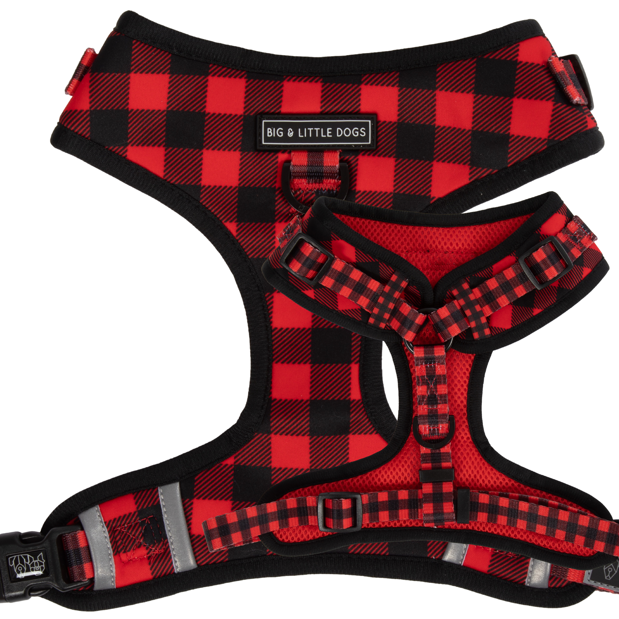 Adjustable dog harness with a plaid pattern in red and black, featuring reflective stripes, brand logos, and adjustable straps.
