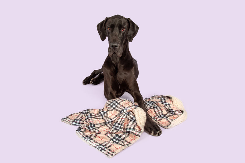 Plush Dog Pet Blanket Nova Plaid Beige Red Black Tartan Pattern