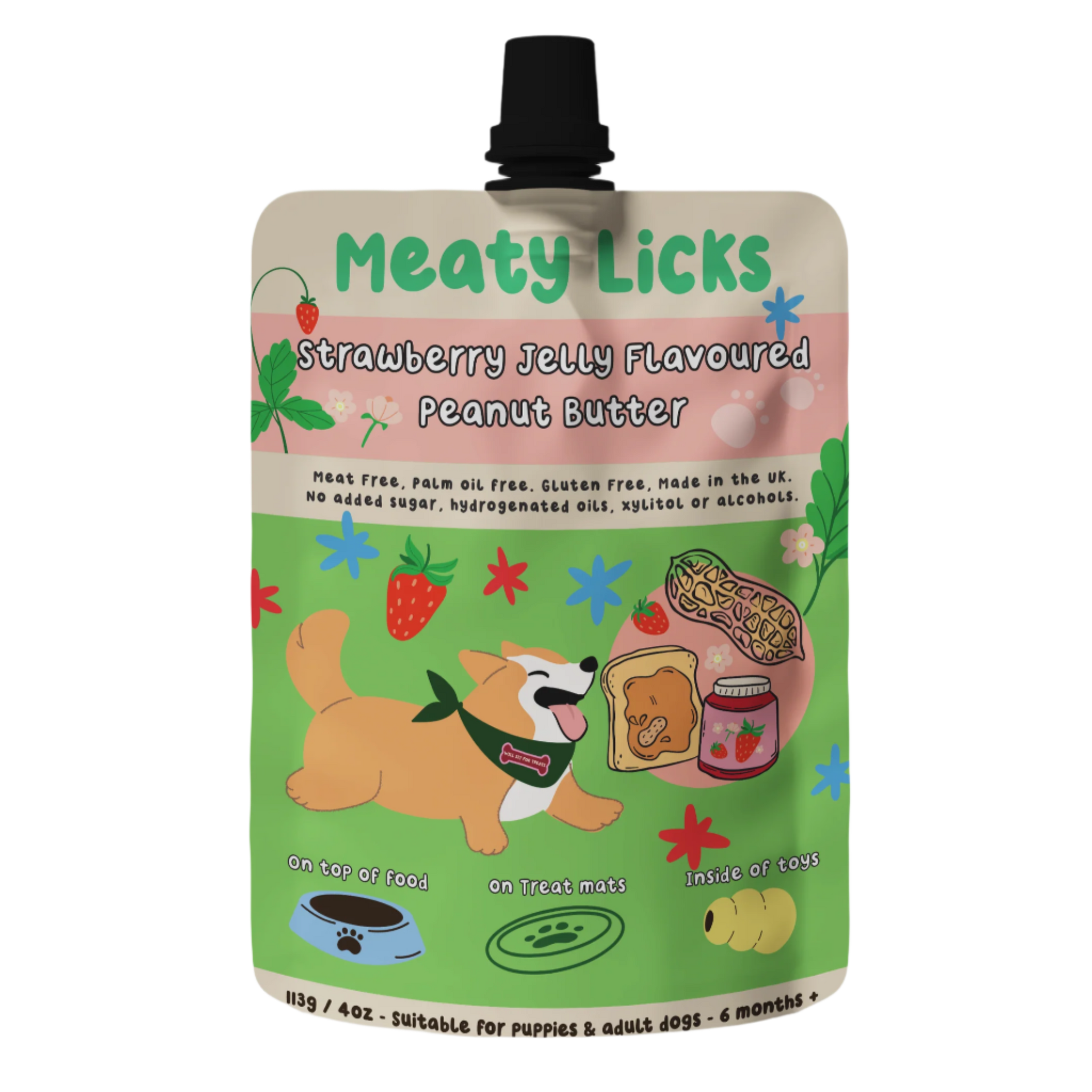 DOG TREATS | Meaty Licks: Strawberry Jam Peanut Butter Pouch 113g (NEW)