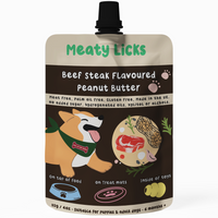DOG TREATS | Meaty Licks: Beef Steak Flavoured Peanut Butter Pouch 113g