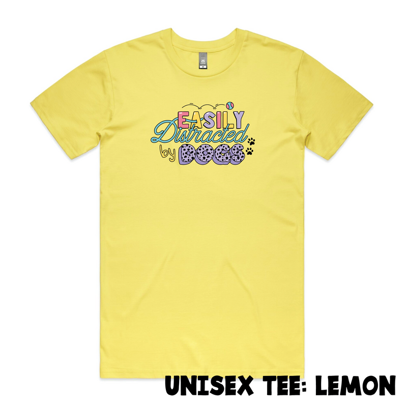 BLD LIFESTYLE CLUB TEE (Unisex Sizing): "Easily Distracted By Dogs" | Lemon (Digital Printing)