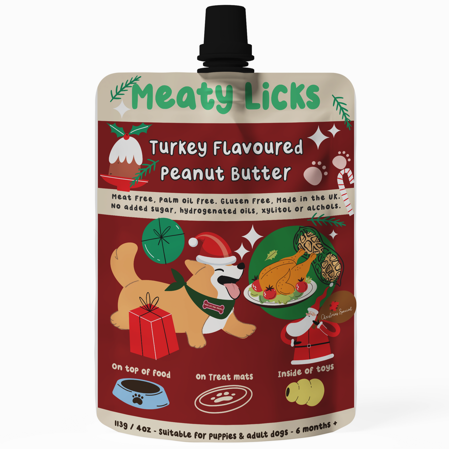 DOG TREATS | Meaty Licks: Roast Turkey Flavoured Peanut Butter Pouch 113g (NEW)