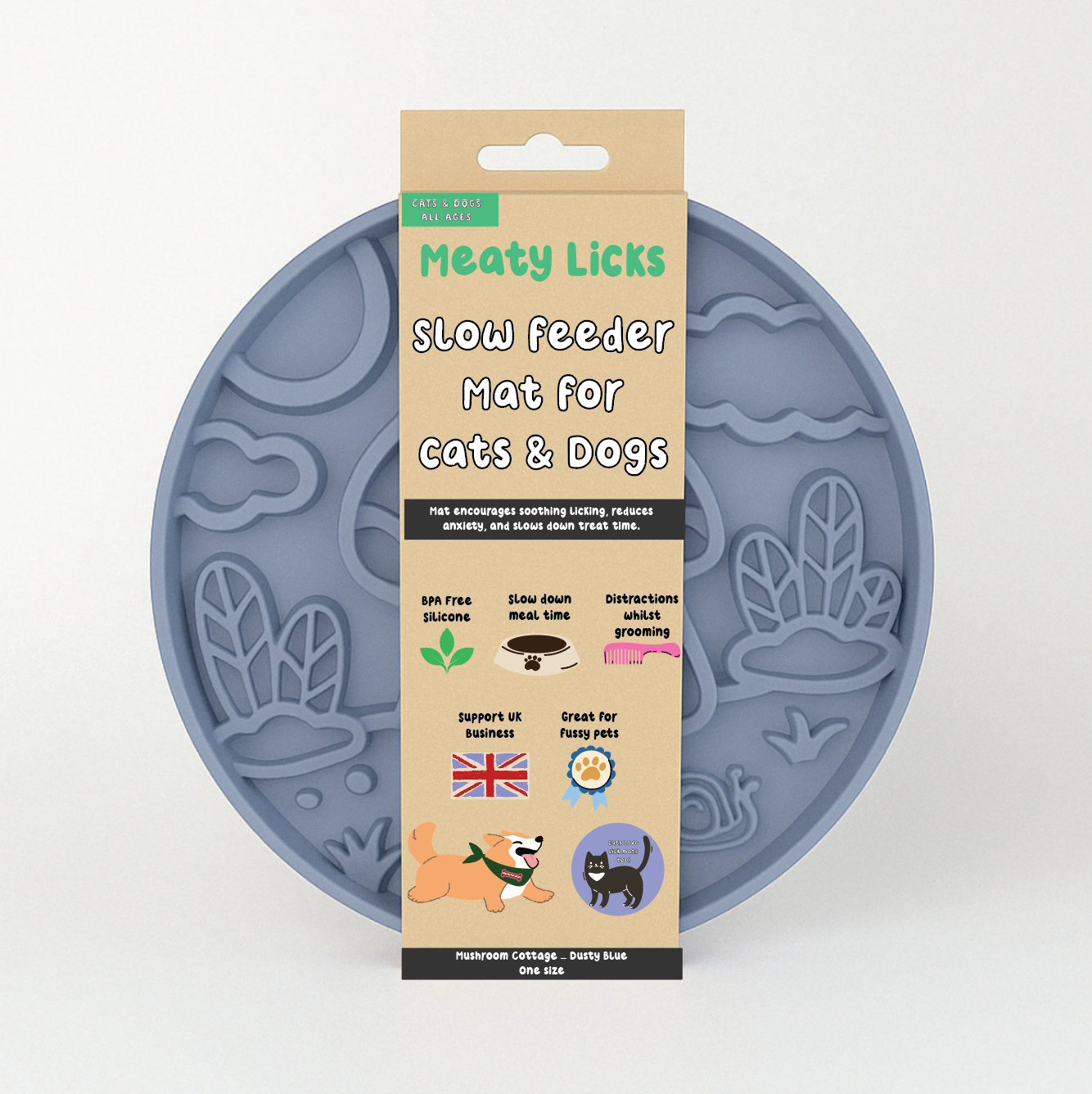 DOG ENRICHMENT | Meaty Licks: Mushroom Cottage Slow Feeder – Dusty Blue