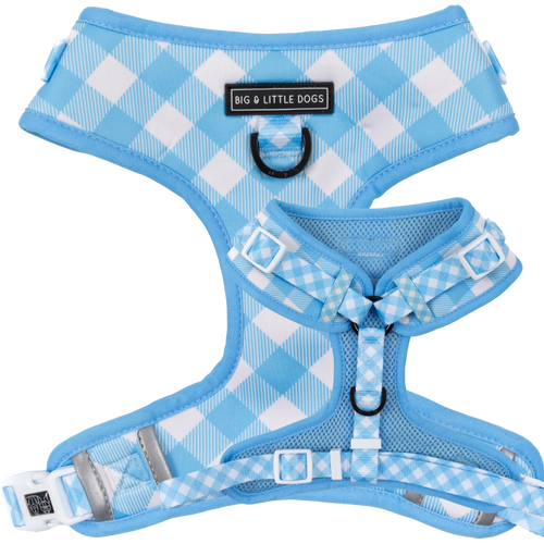ADJUSTABLE DOG HARNESS (with NECK CLIP option): Blueberry Gingham