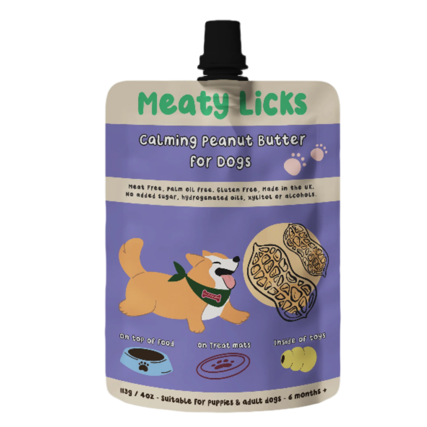 DOG TREATS | Meaty Licks: Calming Peanut Butter Pouch 113g (NEW)