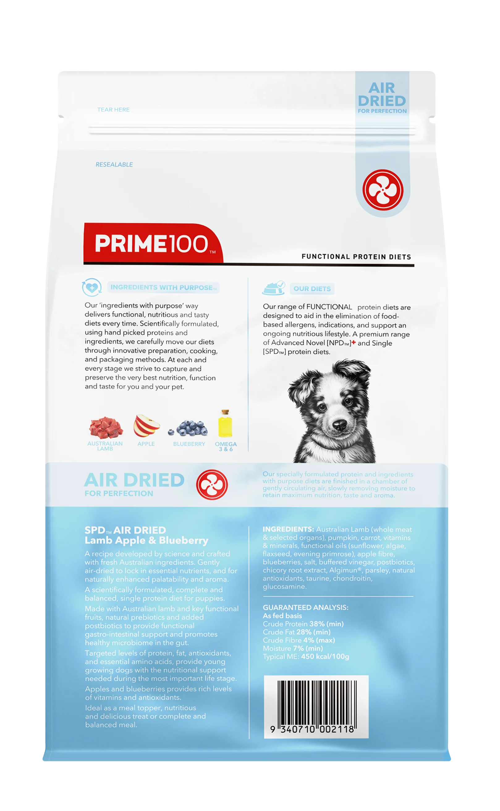 DOG FOOD: Prime100 SPD Air Puppy Lamb, Apple & Blueberry 120g