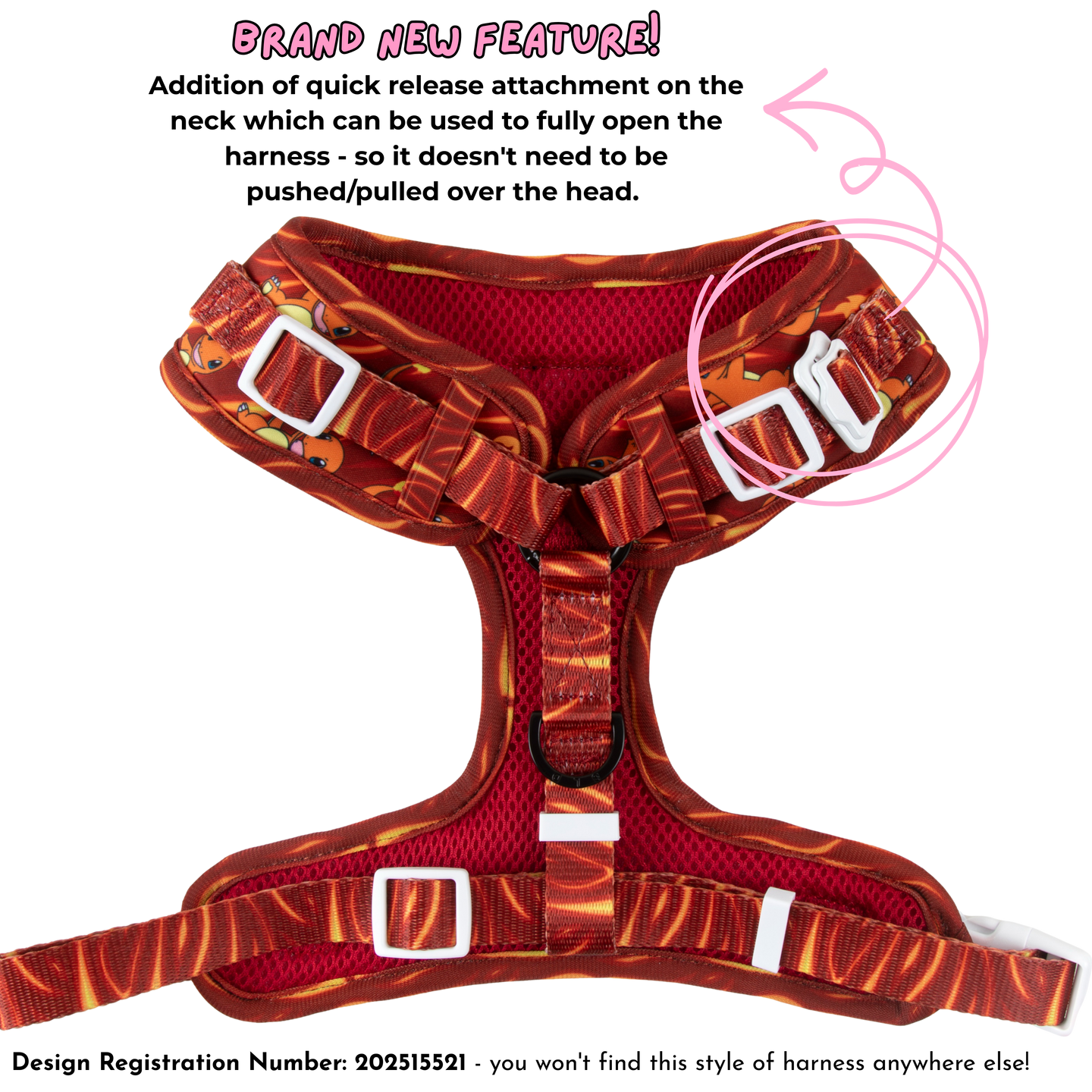 ADJUSTABLE DOG HARNESS (WITH NECK CLIP): Pokémon Collection - Charmander