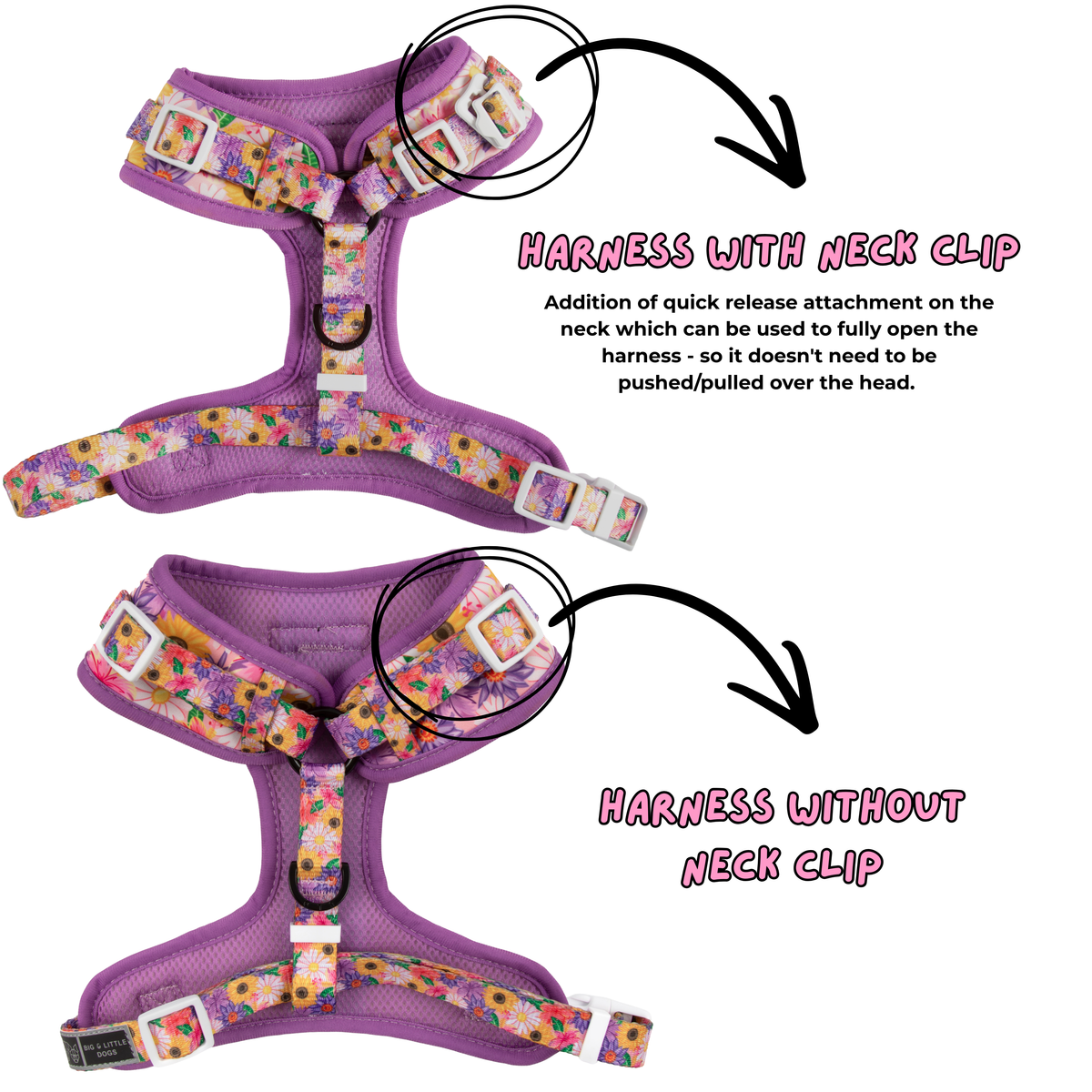 ADJUSTABLE DOG HARNESS (with NECK CLIP option): Spring Fling