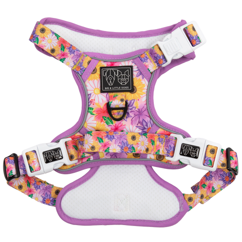 Adjustable dog harness with a floral pattern in pink, purple, and yellow colors, featuring white straps and a metal d-ring.