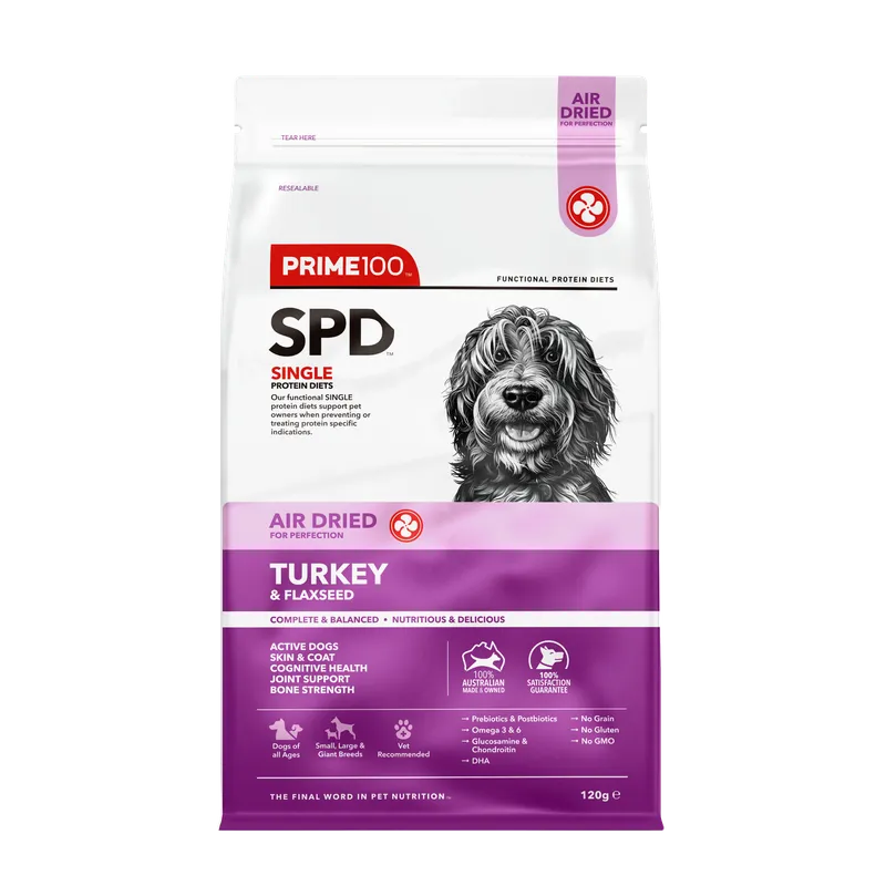 DOG FOOD | Prime100: SPD Turkey & Flaxseed Air Dried 120g