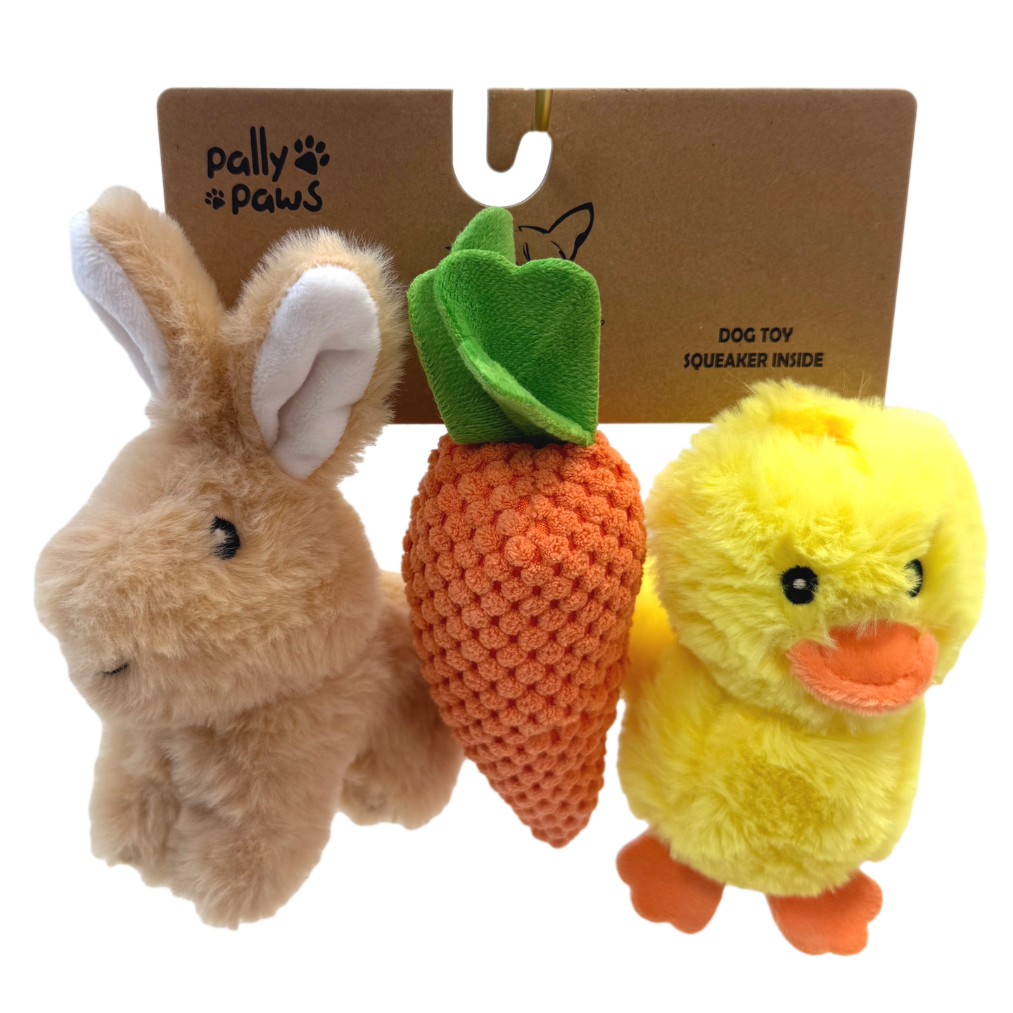 Pally Paws: 3 Pack Easter Brown Bunny, Chick & Carrot Dog Toys