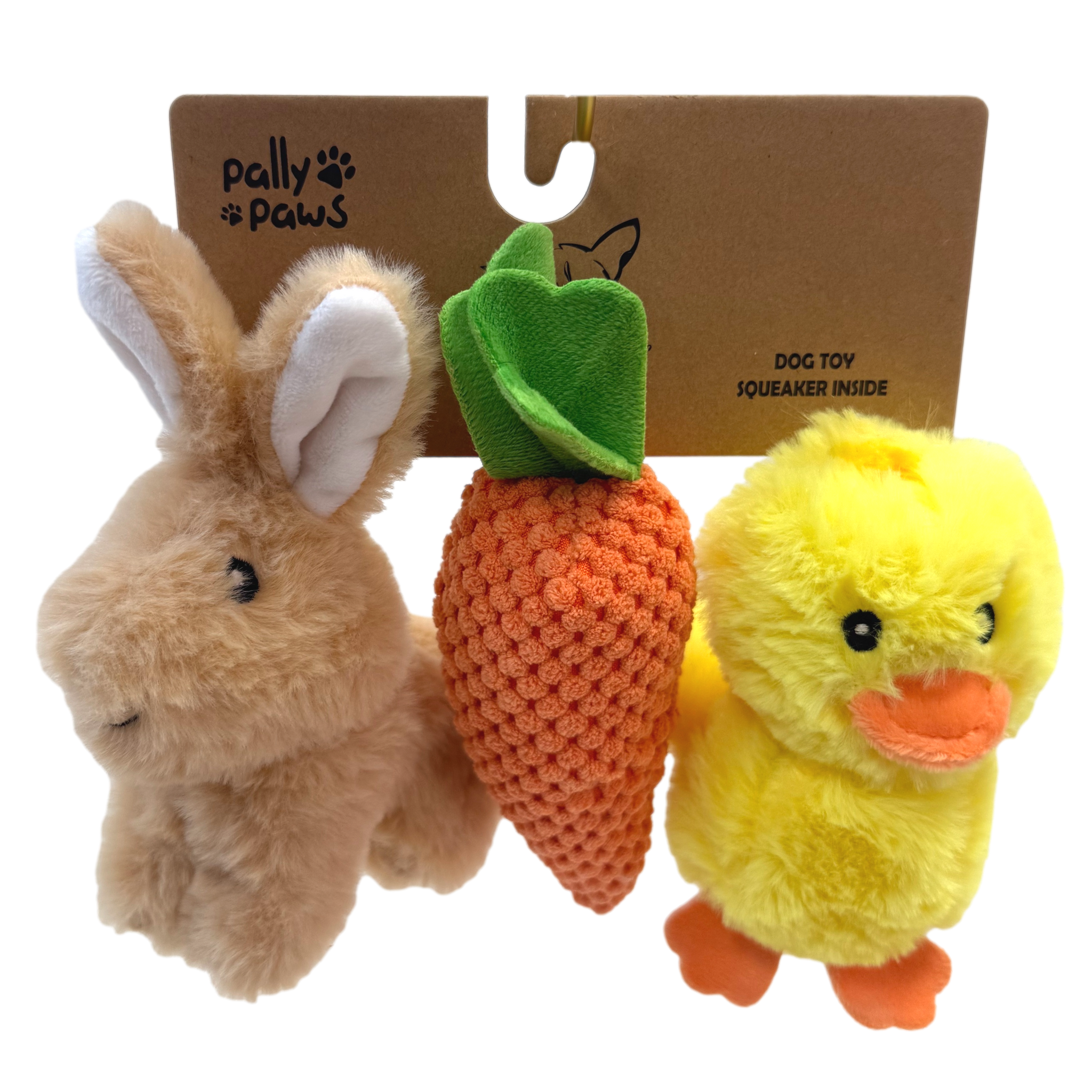 Pally Paws: 3 Pack Easter Brown Bunny, Chick & Carrot Dog Toys