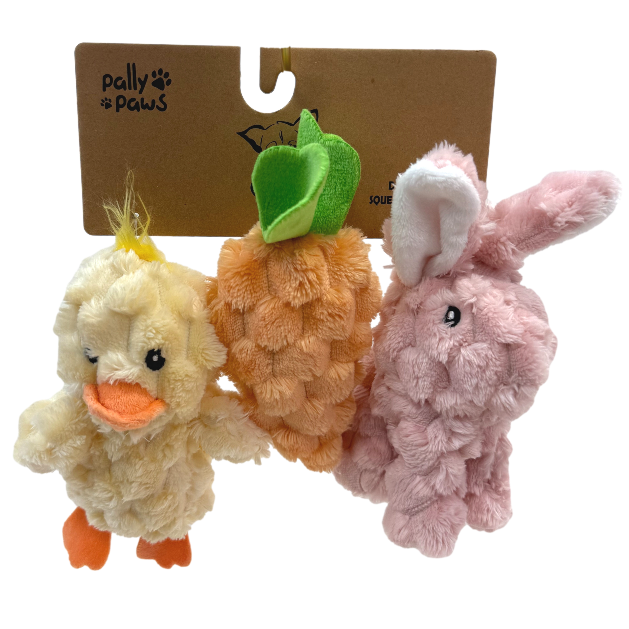 Pally Paws: 3 Pack Easter Pink Bunny, Chick & Carrot Dog Toys