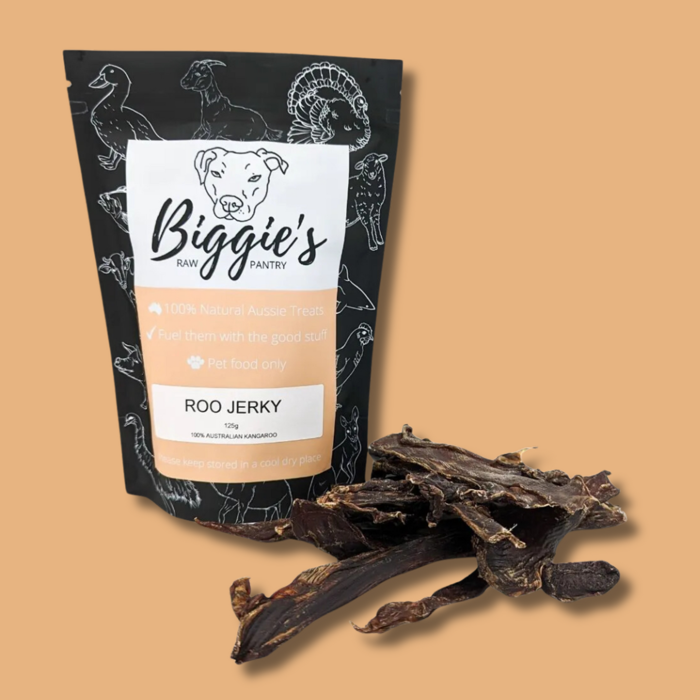 DOG TREATS: Biggies Raw Pantry | Roo Jerky 125g
