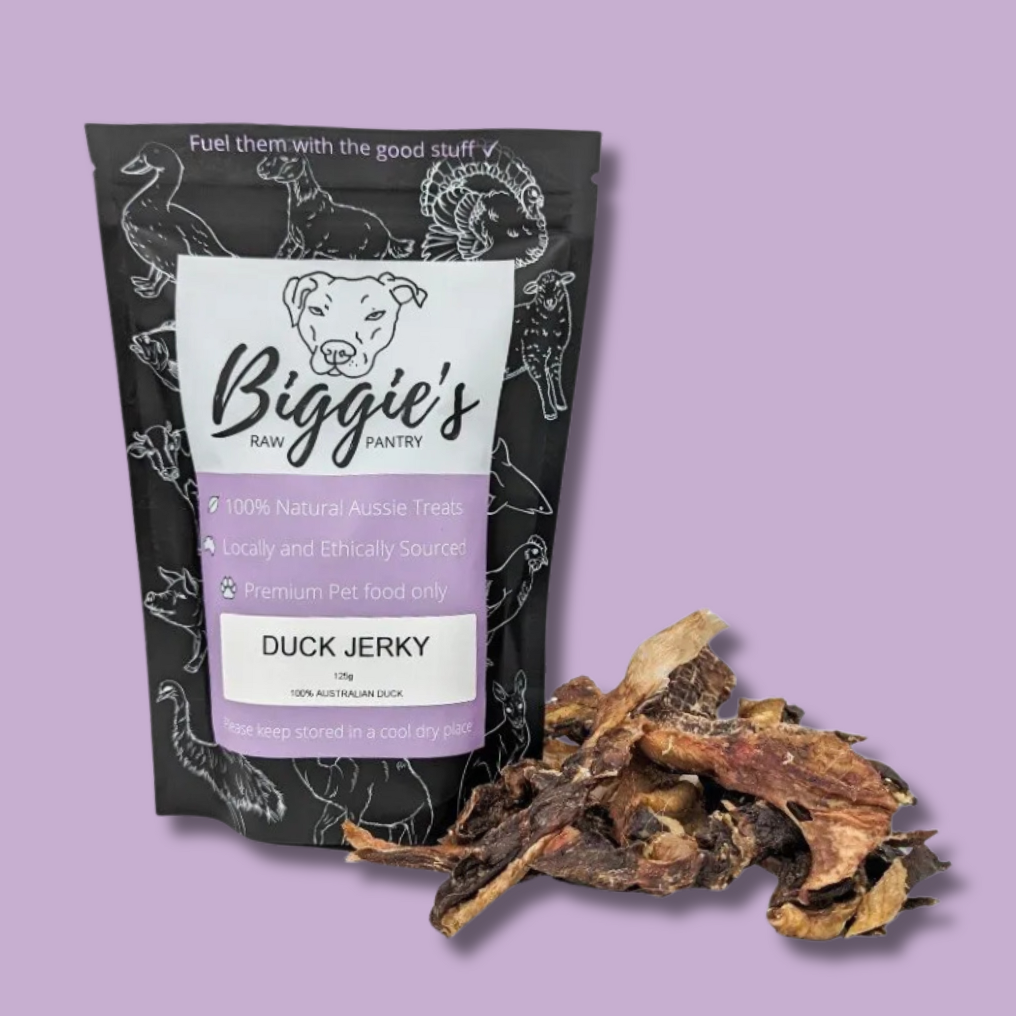 DOG TREATS: Biggies Raw Pantry | Duck Jerky 125g