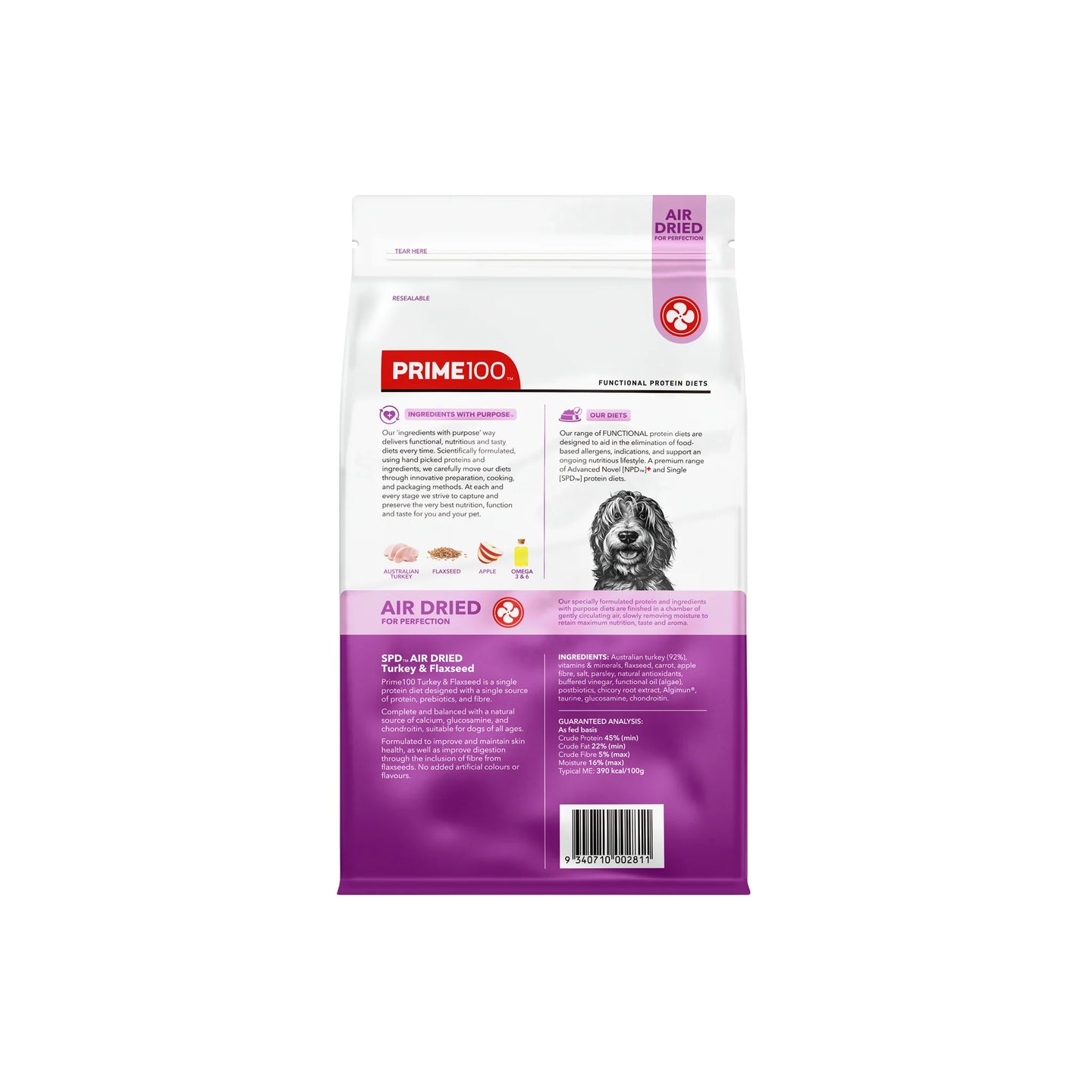 DOG FOOD | Prime100: SPD Turkey & Flaxseed Air Dried 120g