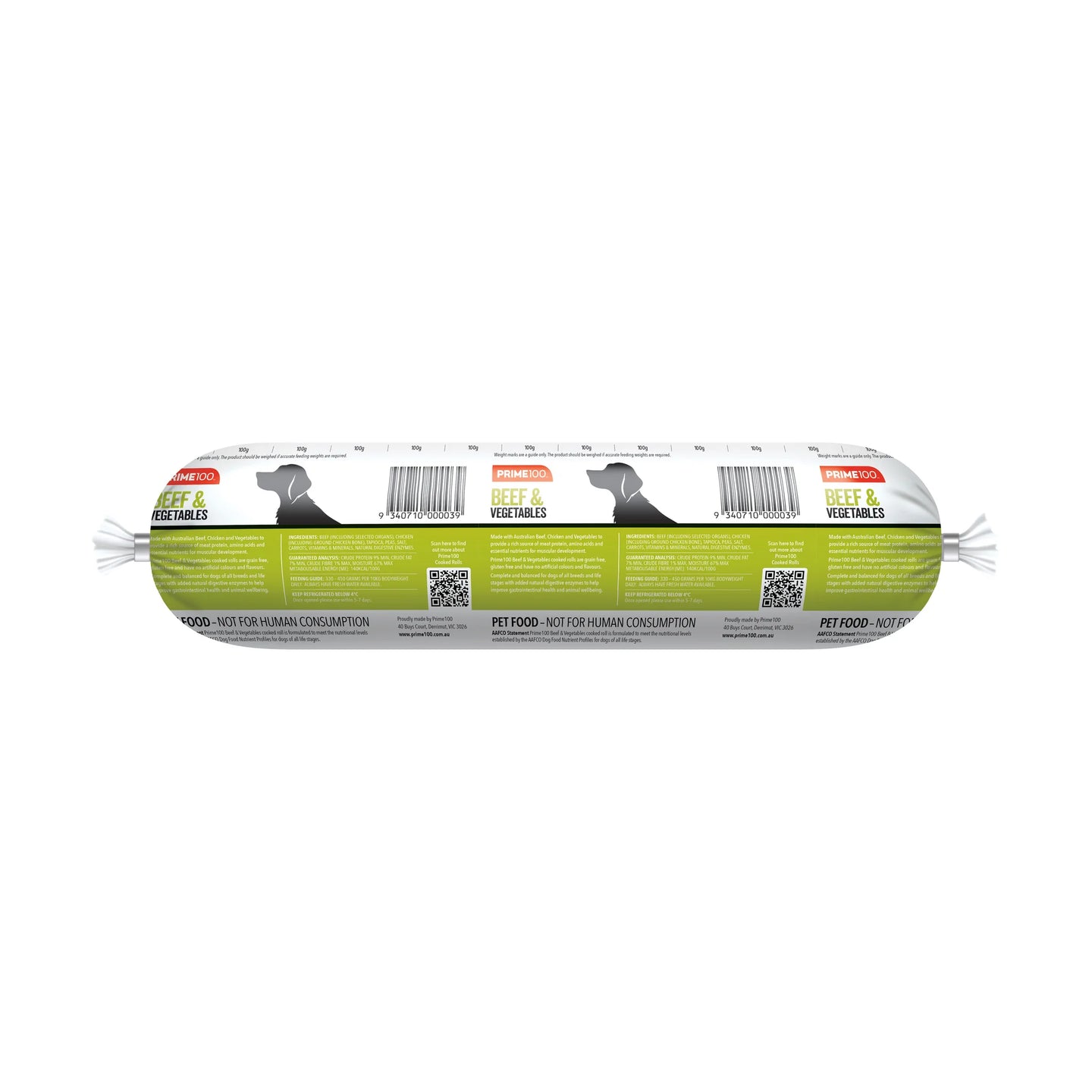 DOG FOOD | Prime100: Beef & Vegetables Cooked Roll 1kg (REDCLIFFE STORE PICK UP ONLY)