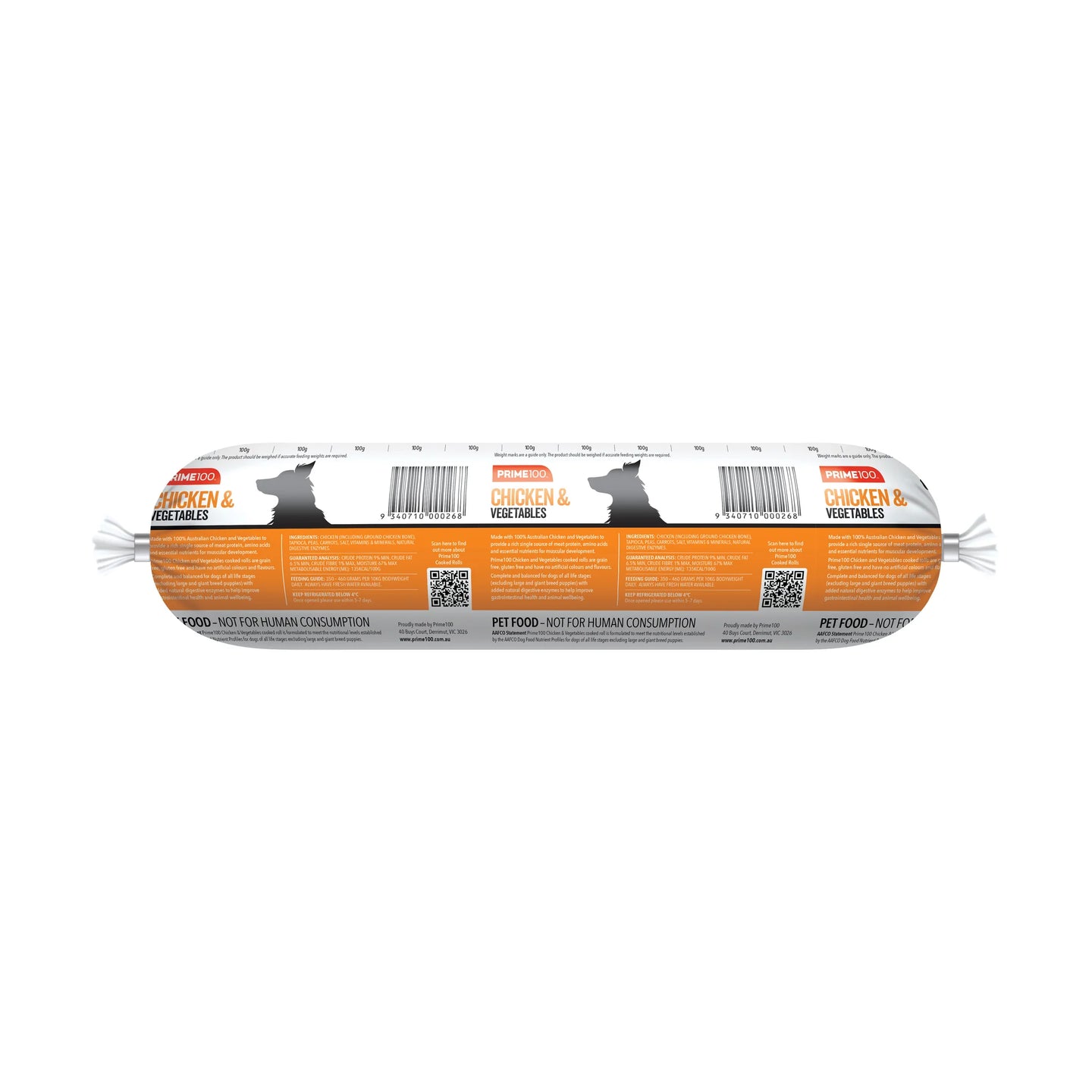 DOG FOOD | Prime100: Chicken & Vegetables Cooked Roll 1kg (REDCLIFFE STORE PICK UP ONLY)