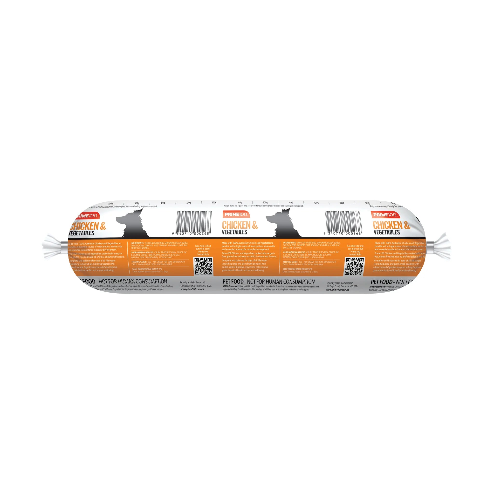 DOG FOOD | Prime100: Chicken & Vegetables Cooked Roll 1kg (REDCLIFFE STORE PICK UP ONLY)