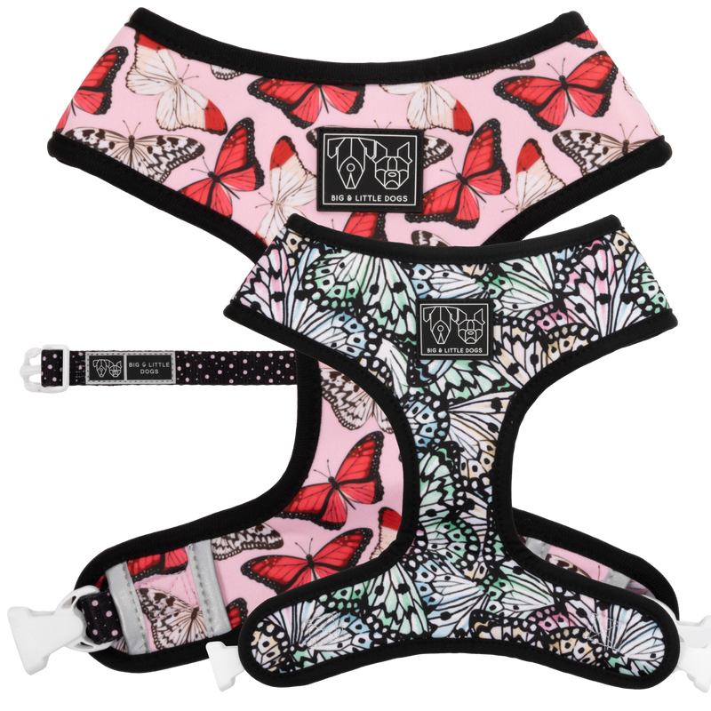 Reversible Dog Harness Pretty Lil Butterfly Wings Pink Red