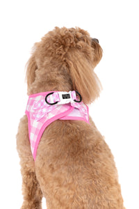 STEP-IN DOG HARNESS: Pink Milk Gingham