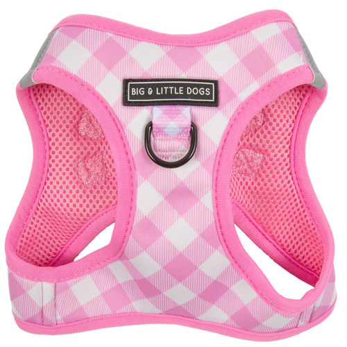 STEP-IN DOG HARNESS: Pink Milk Gingham