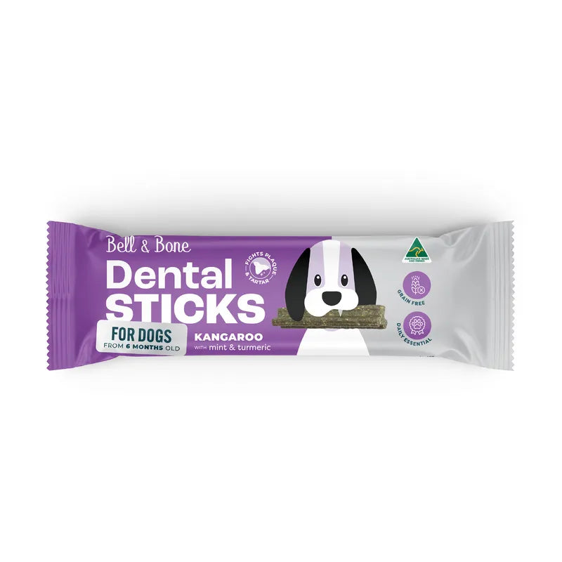 DOG TREATS: Bell & Bone Adult Dog Dental Stick Medium - Roo, Mint & Turmeric