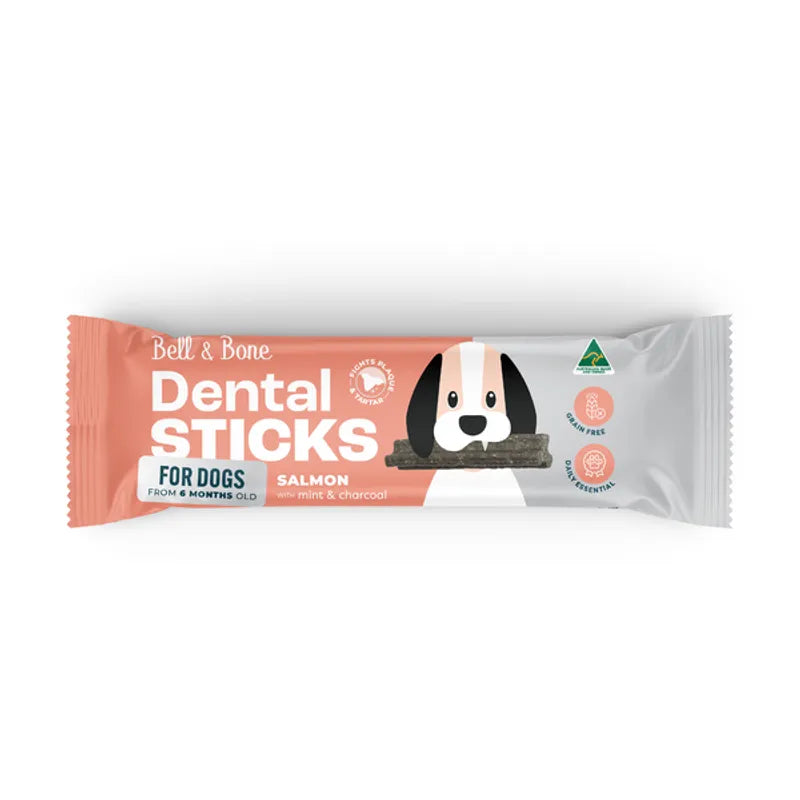 DOG TREATS: Bell & Bone Adult Dog Dental Stick Medium - Salmon, Mint & Charcoal