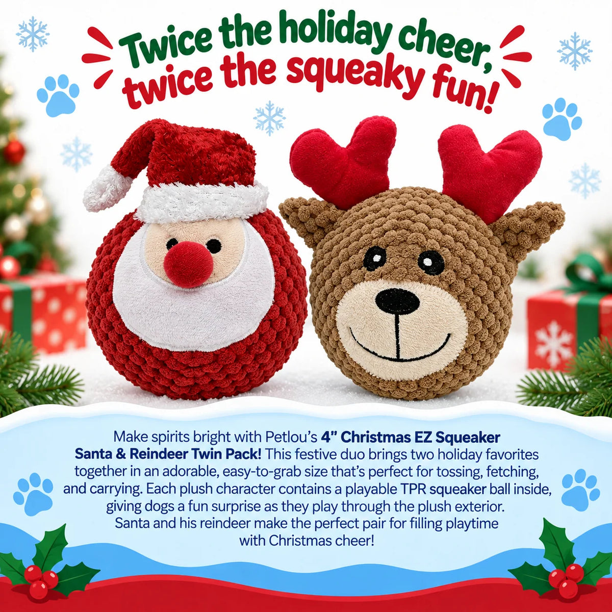 Petlou: Christmas EZ Squeaky Twin Pack Ball - Santa & Reindeer