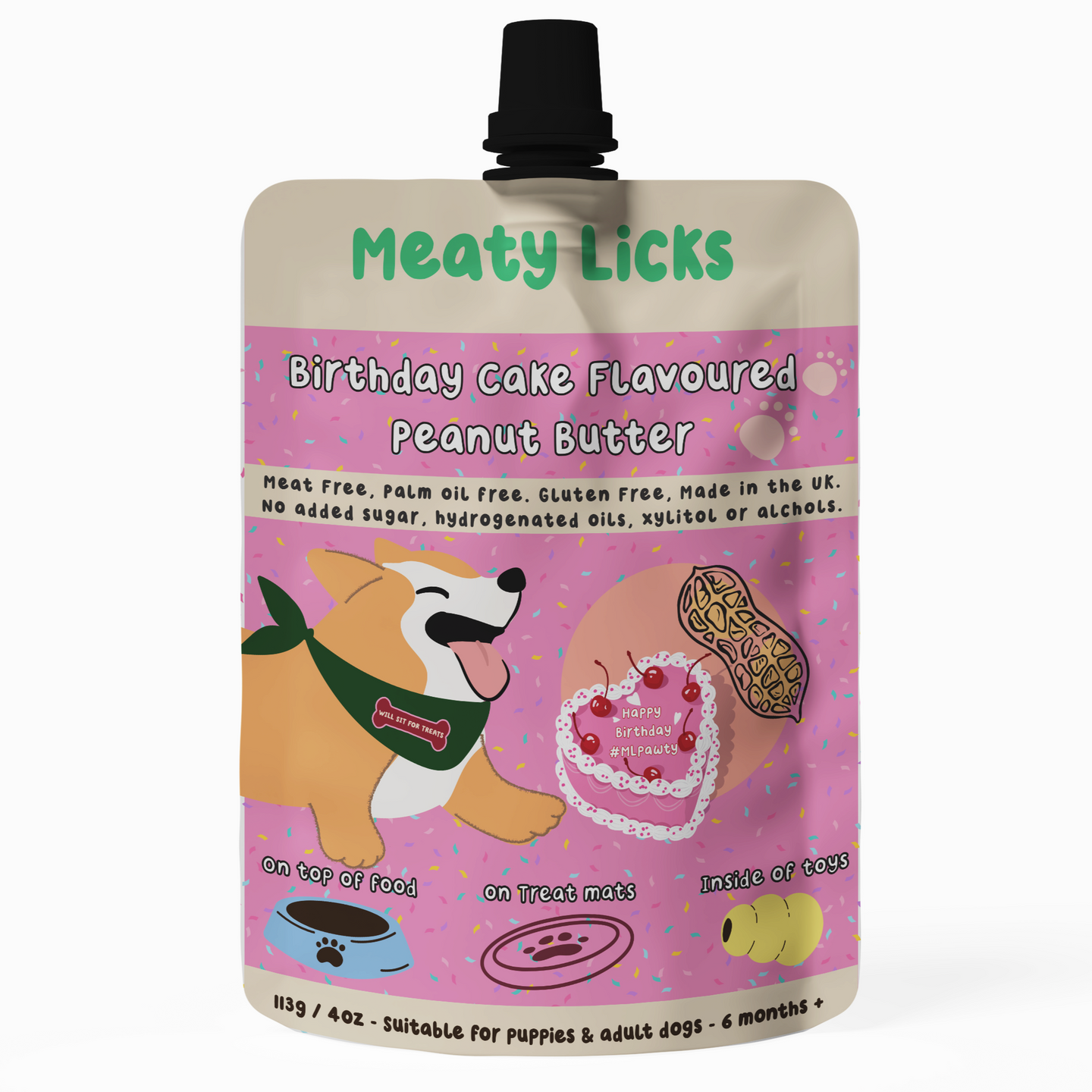 DOG TREATS | Meaty Licks: Birthday Cake Flavoured Peanut Butter Pouch 113g (NEW)