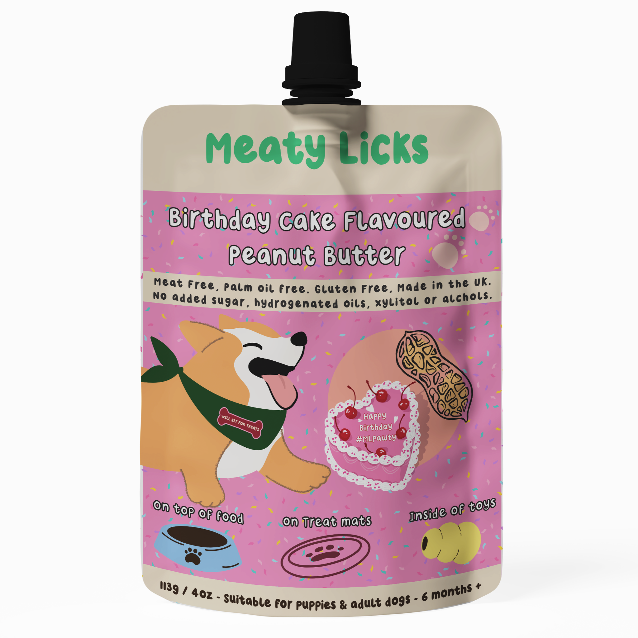 DOG TREATS | Meaty Licks: Birthday Cake Flavoured Peanut Butter Pouch 113g