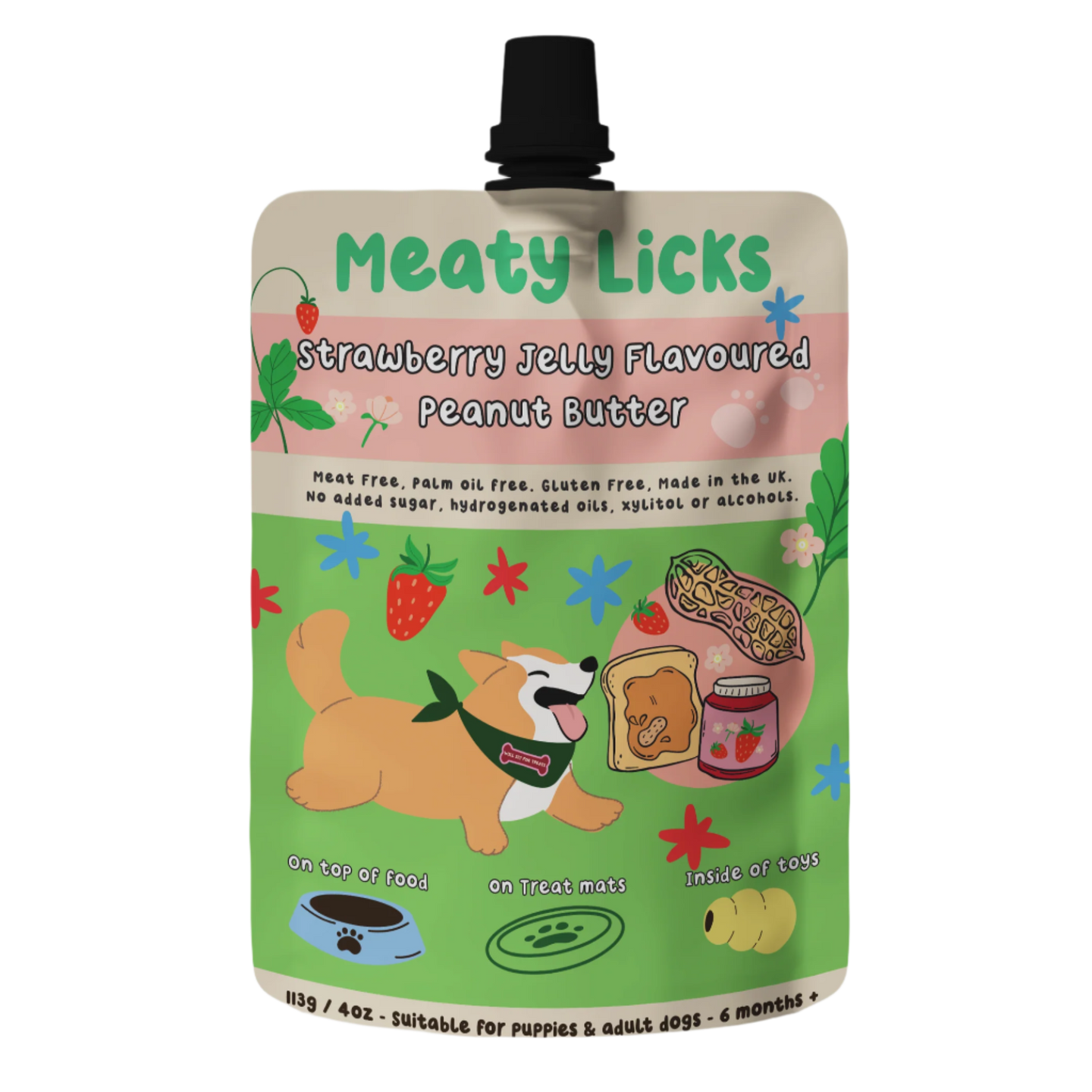 DOG TREATS | Meaty Licks: Strawberry Jam Peanut Butter Pouch 113g (NEW)