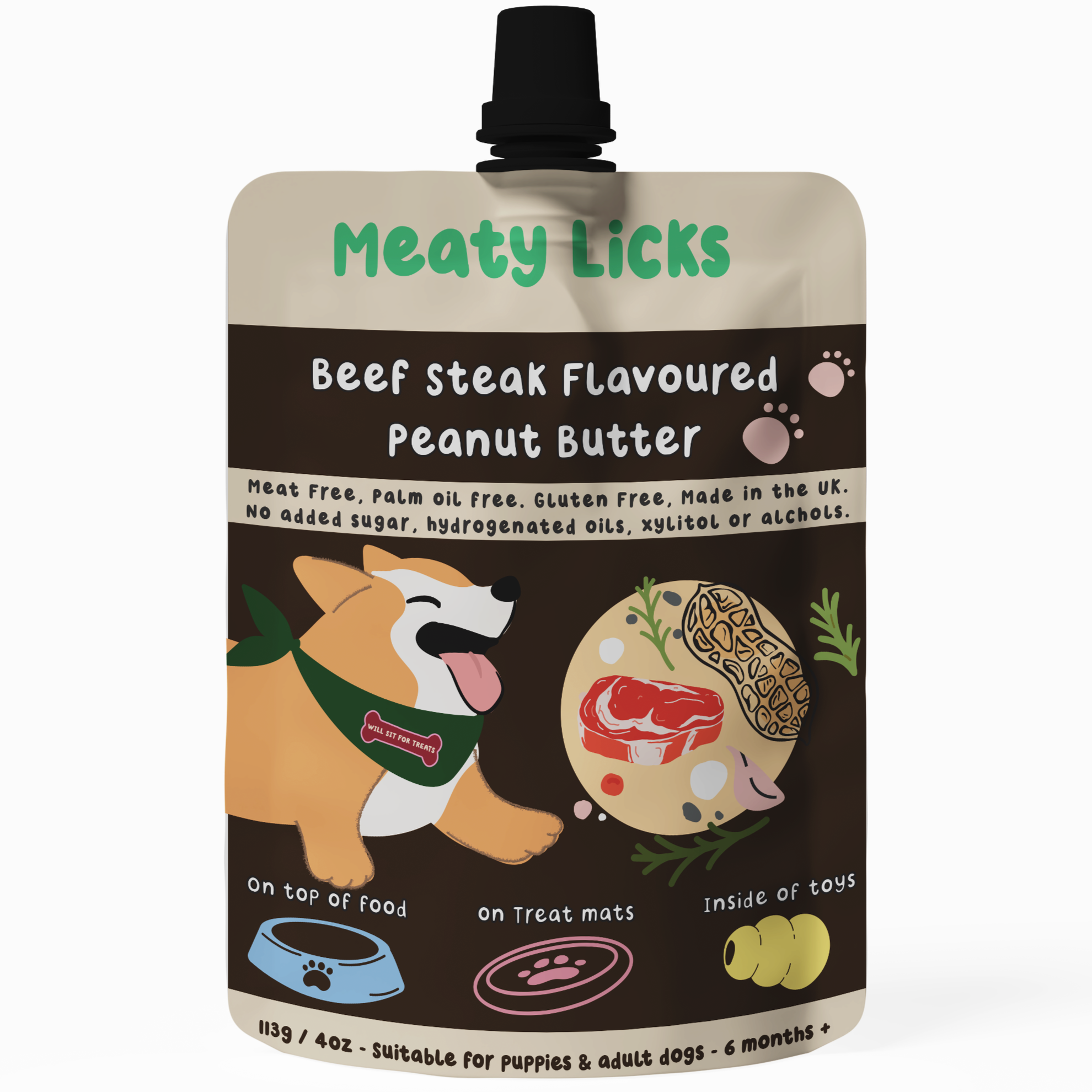 DOG TREATS | Meaty Licks: Beef Steak Flavoured  Peanut Butter Pouch 113g (NEW)