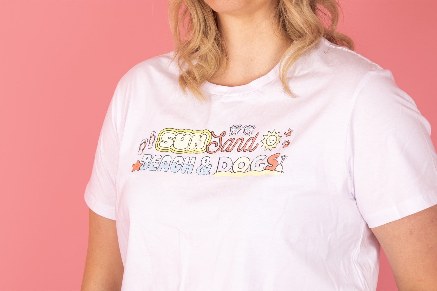 BLD LIFESTYLE CLUB TEE (Women's Sizing) (VARIOUS SIZES): "Sun, Sand, Beach & Dogs" | White (Digital Printing) {READY TO SHIP/FINAL SALE}