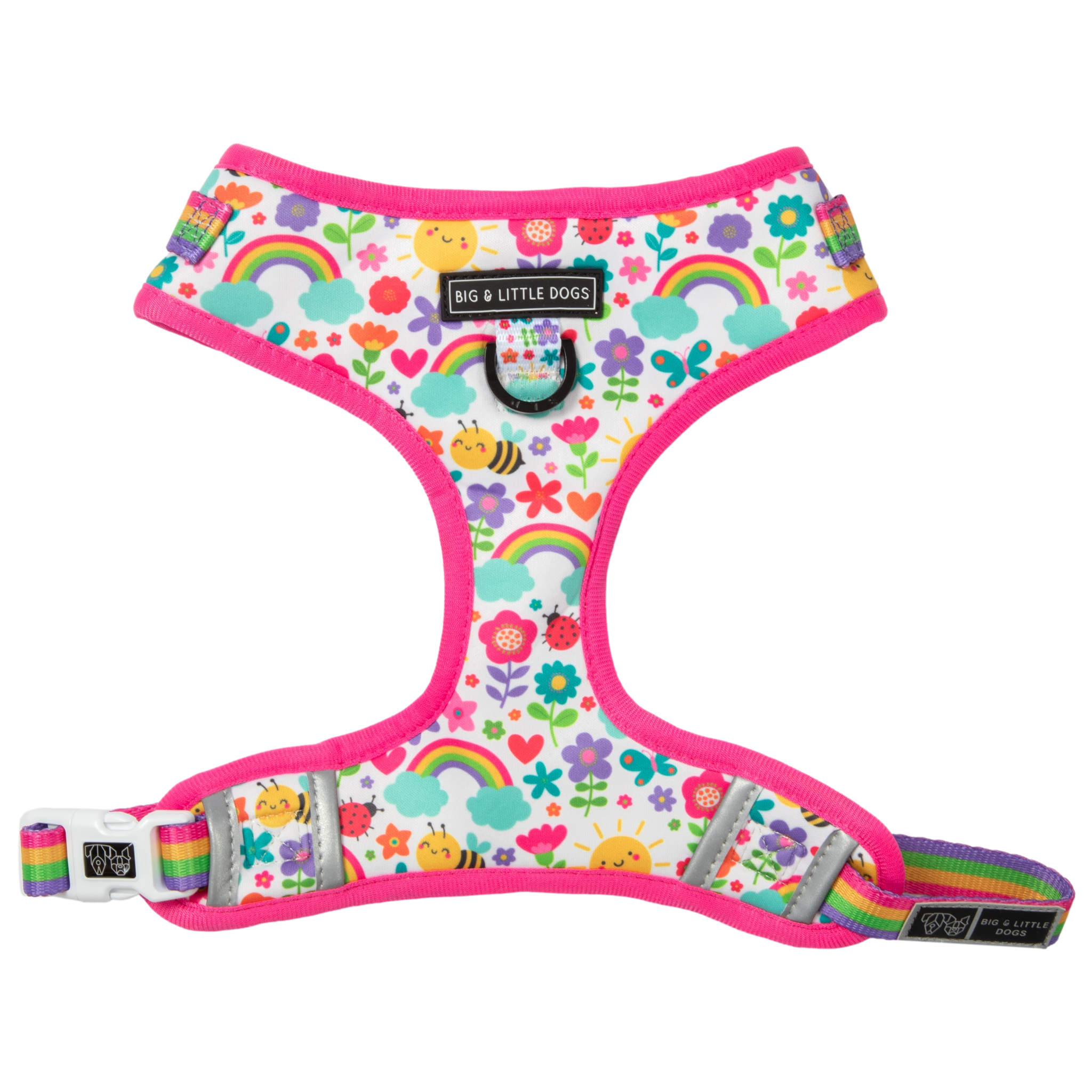 Adjustable Dog Harness Front D-Ring Follow The Rainbow Rainbows Pink Sunshine Flowers Pastels Colourful Girl