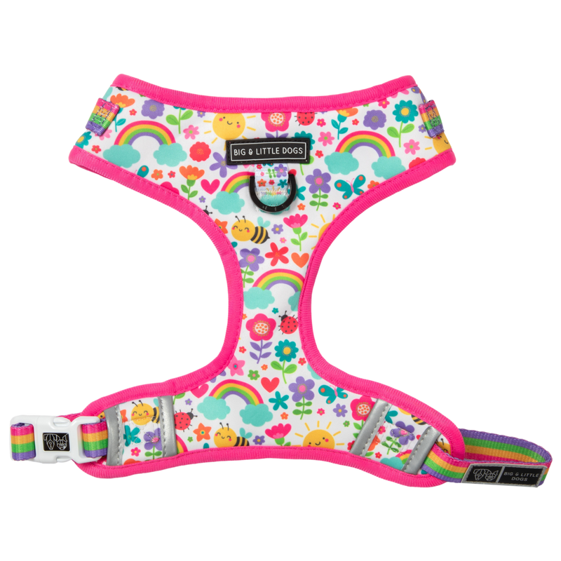 Adjustable Dog Harness Front D-Ring Follow The Rainbow Rainbows Pink Sunshine Flowers Pastels Colourful Girl