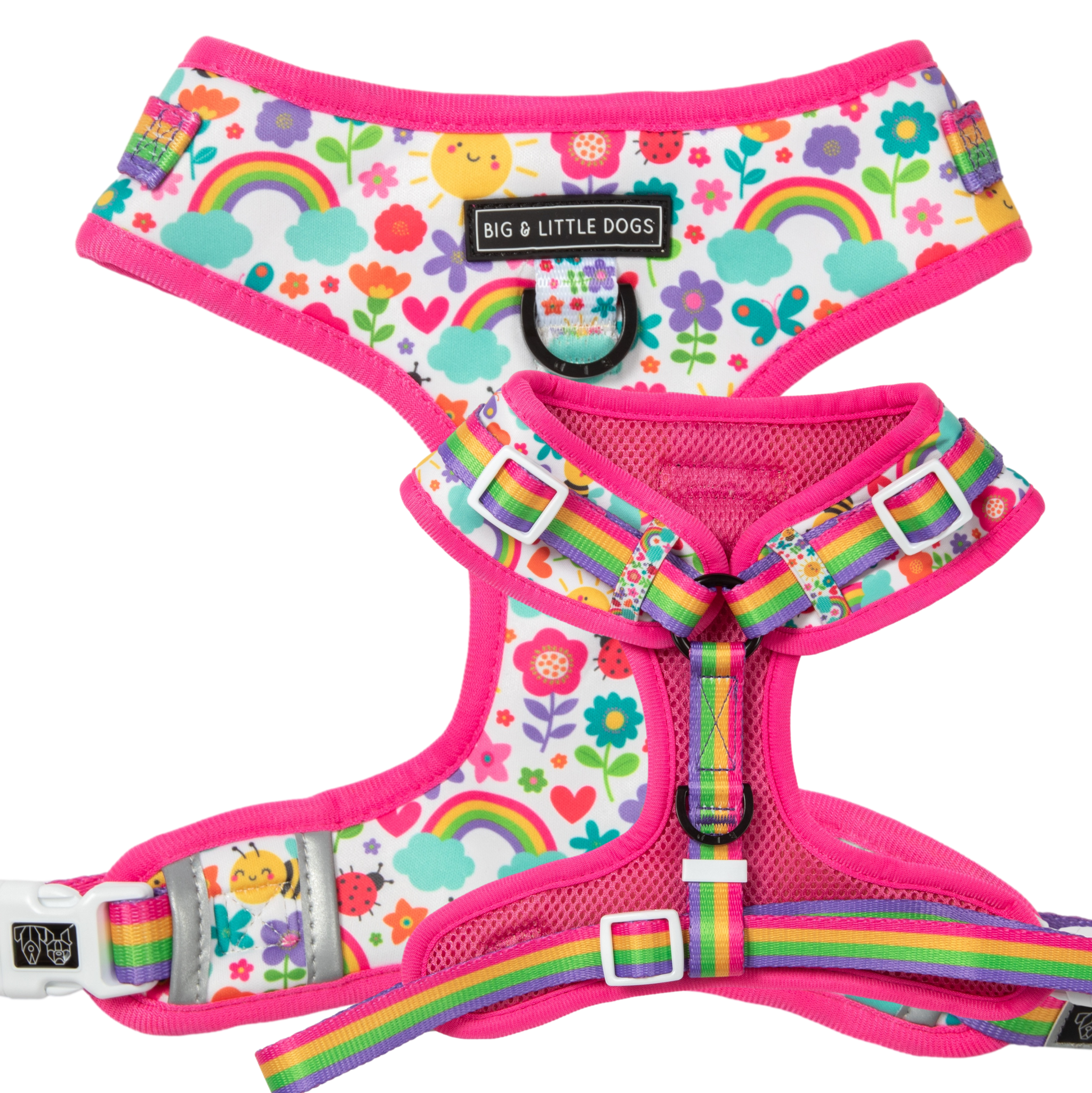 Adjustable Dog Harness Front D-Ring Follow The Rainbow Rainbows Pink Sunshine Flowers Pastels Colourful Girl