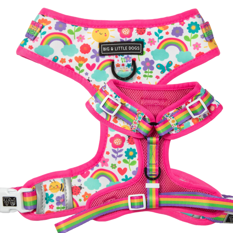 Adjustable Dog Harness Front D-Ring Follow The Rainbow Rainbows Pink Sunshine Flowers Pastels Colourful Girl