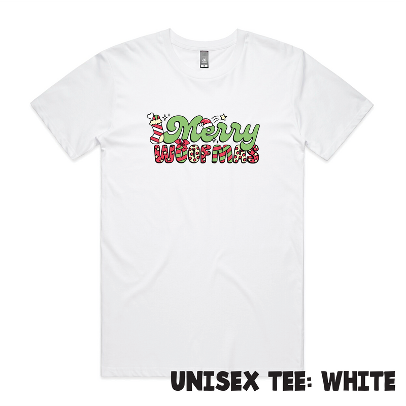 BLD LIFESTYLE CLUB TEE (Unisex Sizing): "Merry Woofmas" | White (Digital Printing)
