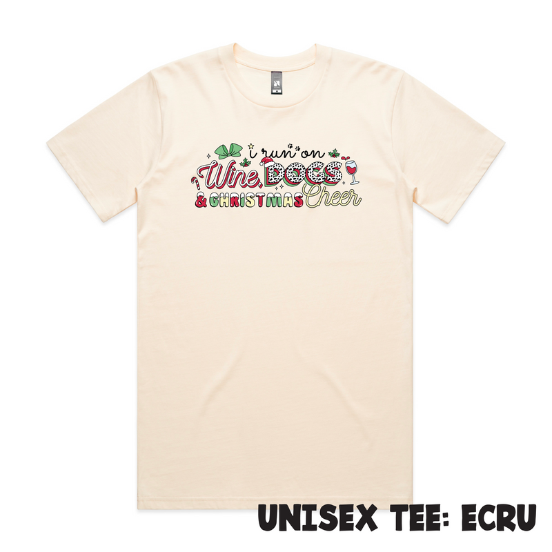 BLD LIFESTYLE CLUB TEE (Unisex Sizing): "I Run on Wine, Dogs & Christmas Cheer" | Ecru (Digital Printing)
