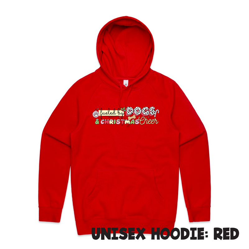 BLD LIFESTYLE CLUB HOODIE: "Fueled by Dogs & Christmas Cheer" | Red (Digital Printing)