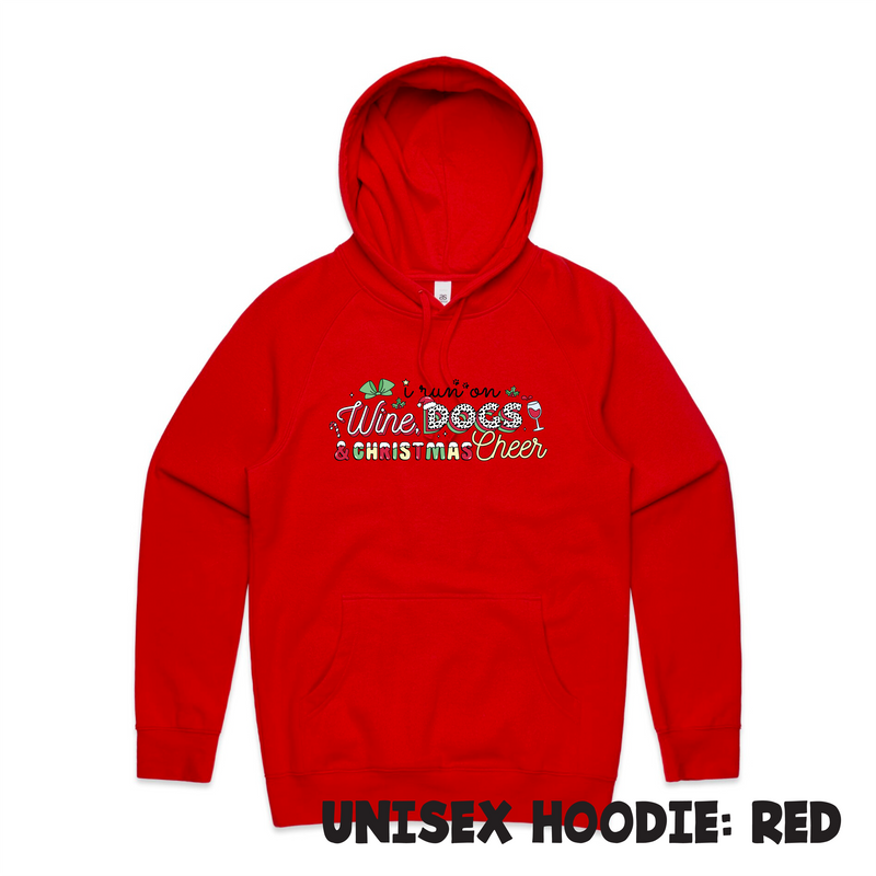 BLD LIFESTYLE CLUB HOODIE: "I Run on Wine, Dogs & Christmas Cheer" | Red (Digital Printing)