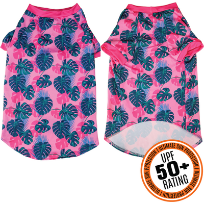 Dog Rashie UPF 50+ Ultimate Sun Protection Beachwear Summer Lovin' Pink Monstera Leaves