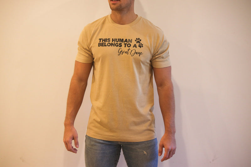 BLD LIFESTYLE CLUB TEE (Unisex Sizing): "This Human Belongs to a {BREED NAME}" | Tan (Vinyl)