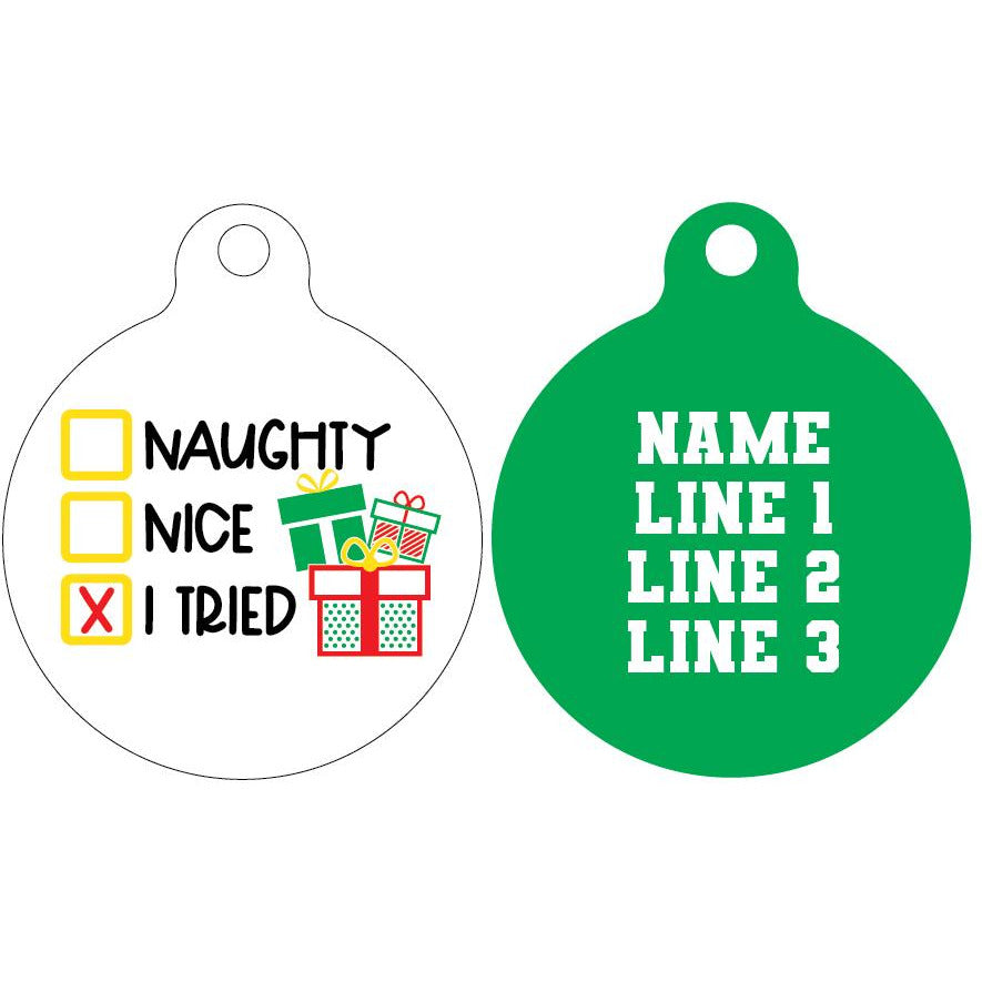 Pet ID Tag | Naughty, nice, I tried (green reverse)