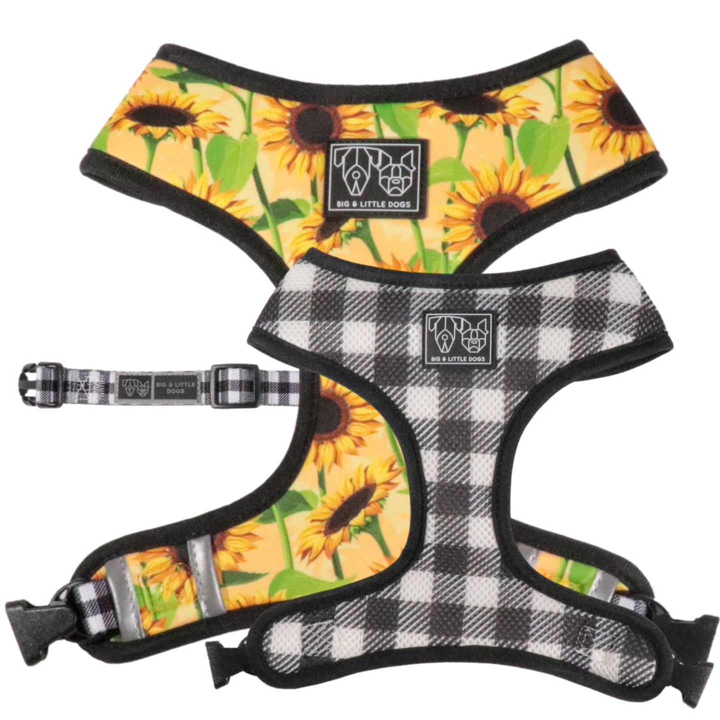 Reversible Dog Harness Sunny Vibes Sunflowers and Gingham