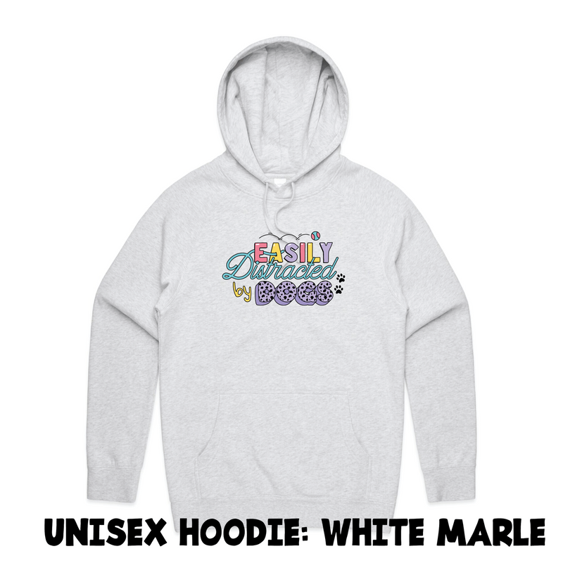 BLD LIFESTYLE CLUB HOODIE: "Easily Distracted By Dogs" | White Marle (Digital Printing)