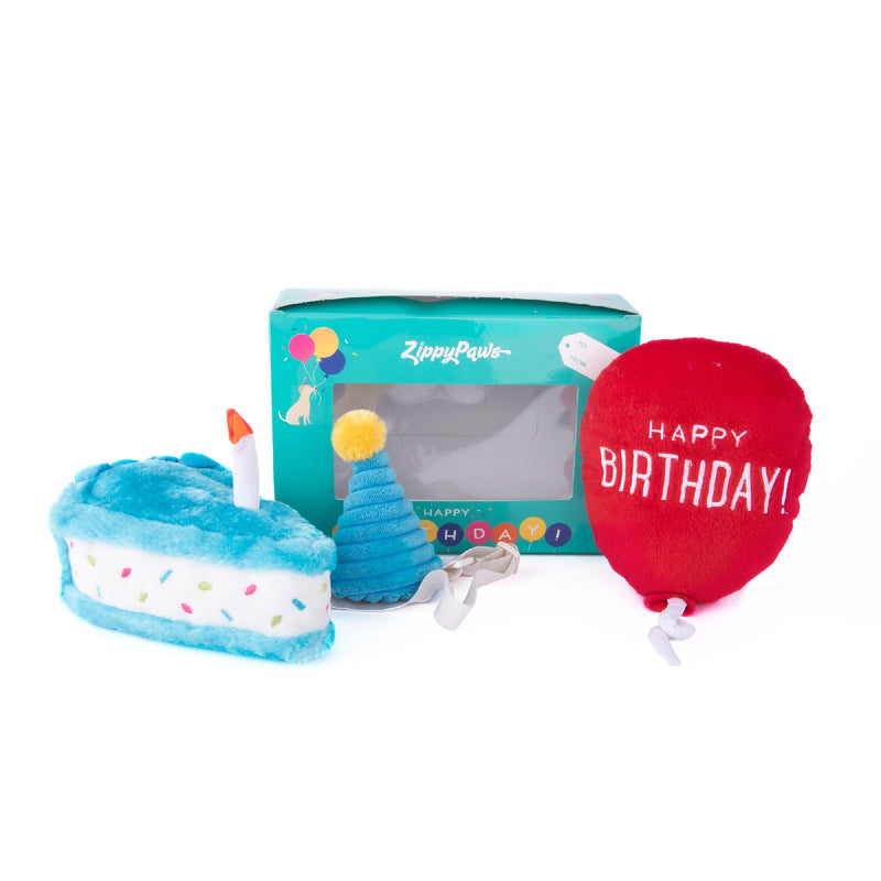 ZIPPY PAWS: Birthday Box with Cake, Balloon & Party Hat - (BLUE)